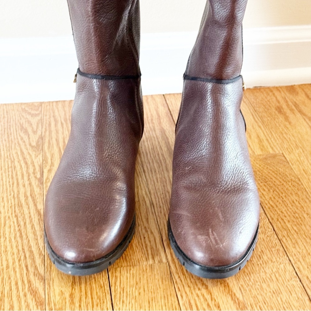 KARL LAGERFELD Seine Metal Pearl Embellished Knee-High Leather Boots Brown 8 - Picture 9 of 14